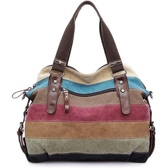 Canvas Handbag Striped Lattice Cross Body Shoulder Purse Bag Tote-Handbag - Picture 2 of 7